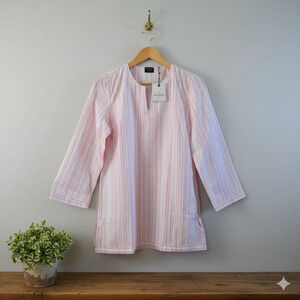 Untuckit New Durfort Cotton Tunic Blouse Top Pink Striped Long Sleeve Size 16
